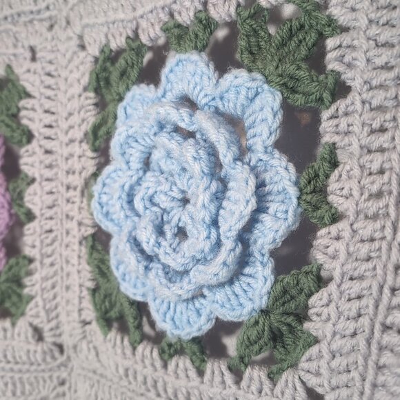 Vintage Crochet 3D Floral Blanket Grey Multi Flower Handmade Granny Square 54" - Picture 5 of 12